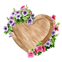 Wooden heart  decorated with rustic petunia flowers. Hand drawn watercolor illustration isolated on white background
