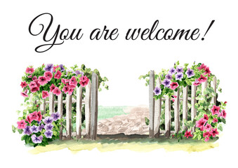 Fence with a climbing Petunia flowers. Hand drawn watercolor illustration, isolated on white background