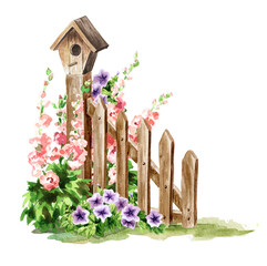 Fence with Rustic flowers. Hand drawn watercolor illustration isolated on white background