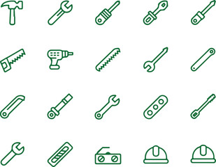 Green Outline Style Tool Icons Grid on White Background, Construction Equipment
