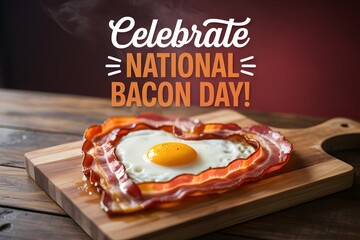 Fried Egg and Crispy Bacon Heart Shape on Wooden Board for National Bacon Day