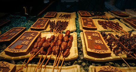 Chengdu, Sichuan, China. Insects on sticks at local Chinese market, close-up view. Various cooked insects thread on skewers. New Source Of Protein , Lipids, Minerals, And Vitamins. Fried Insects