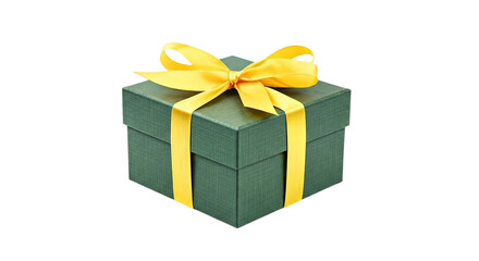 A green gift box with a yellow ribbon tied in a bow on top isolated on a black background