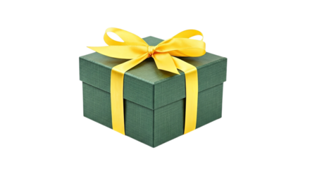 A green gift box with a yellow ribbon tied in a bow on top isolated on a black background