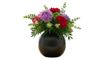 A vibrant floral arrangement featuring red and purple blooms in a dark spherical vase on black background