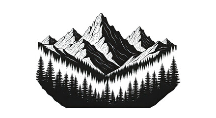 Monochrome Mountain Vector: Pine Trees, Black & White Landscape Illustration