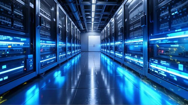 Modern server room data center with network equipment and supercomputers