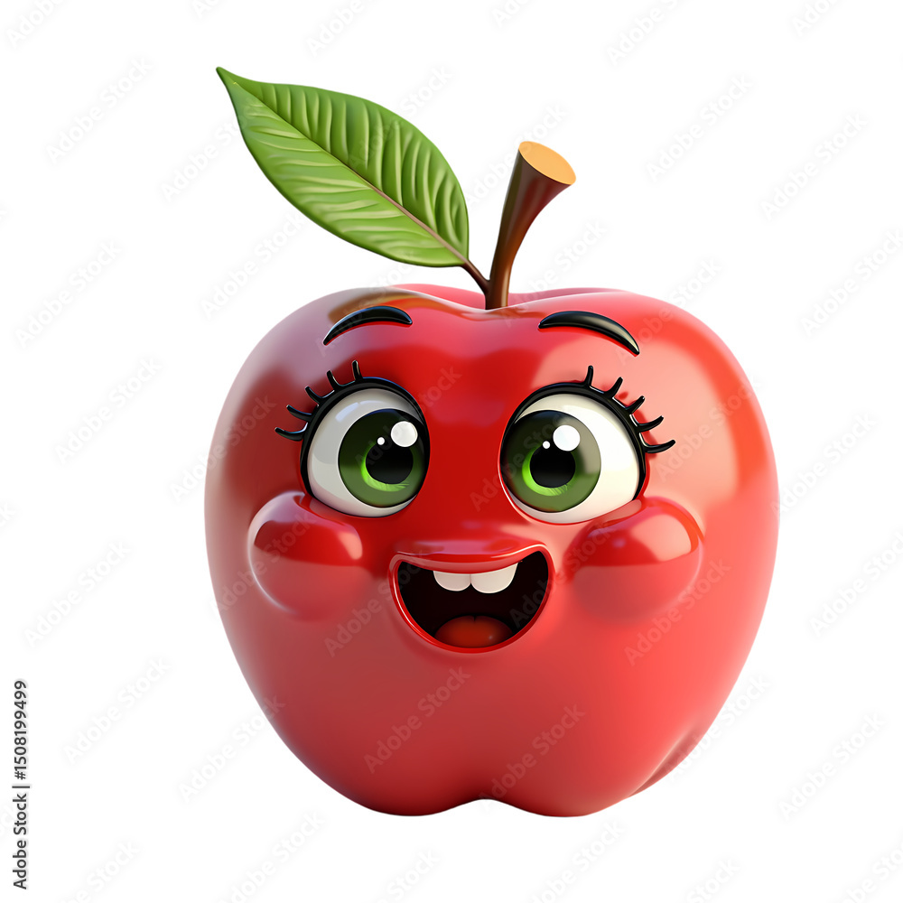Poster cartoon apple character with a cheerful expression and a green leaf on a black background close up v