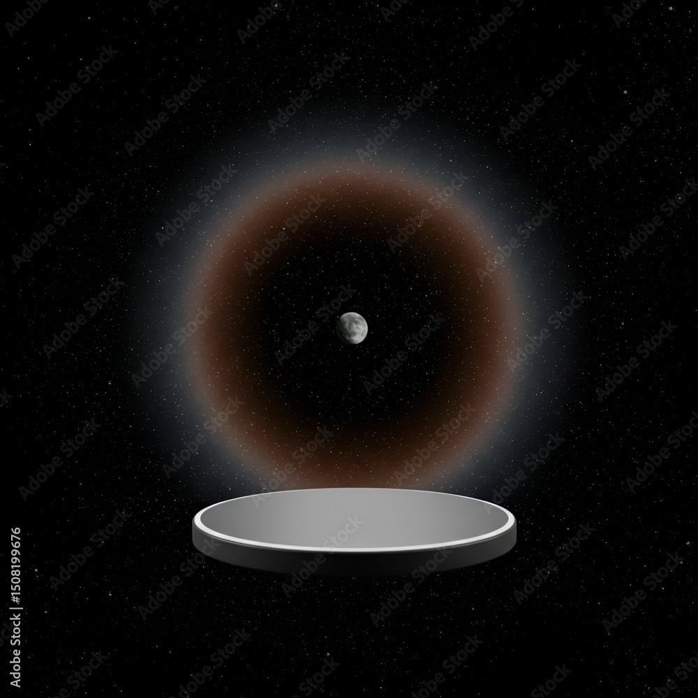 Poster abstract space platform with cosmic halo and moon. empty circular platform displays futuristic prese