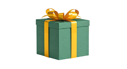 A green gift box with a yellow ribbon and bow on a black background in a studio shot