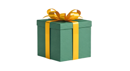 A green gift box with a yellow ribbon and bow on a black background in a studio shot