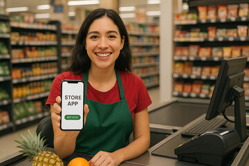 Happy supermarket worker showing store app on mobile phone screen at cash register