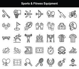 Fototapeta premium Sports & Fitness Equipment Icons – Training, Competition, Gym, Games, Outdoor Activity Vector Set