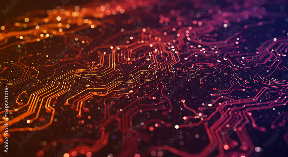 Aufkleber abstract circuit board technology background red orange glowing lines and nodes