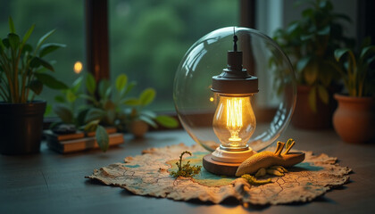 Edison bulb lamp casting warm light in a cozy indoor garden setting, rustic charm