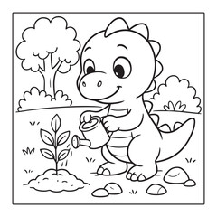 Adorable Dinosaur Gardener Coloring Page Cute Cartoon Dinosaur Planting a Seed Black and White Line Art for Kids