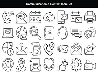 Communication & Contact Line Icon Set – Phone, Email, Messaging, Location, and Support Symbols