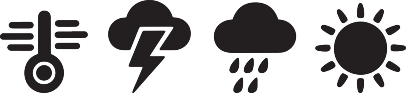 weather icon silhouette, sun vector, cloud icon, rain silhouette, snowflake vector, thunderstorm icon, lightning silhouette,