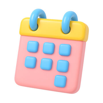 3D pastel pink calendar icon with blue squares and yellow top for event planning or scheduling apps png,transparency,icon
