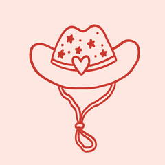 Cowboy hat decorated with heart and stars. Western headdress. Head accessory in country style. Wild West clipart for wedding, birthday, holiday, party. Vector illustration