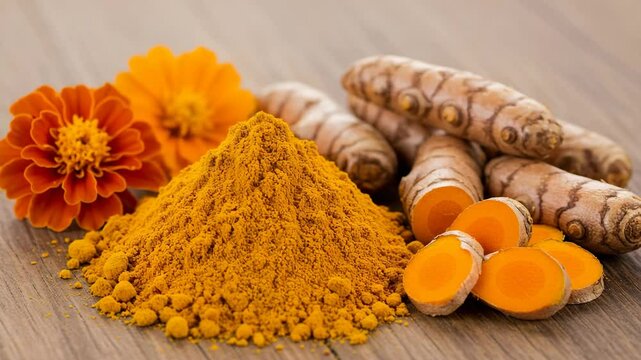 Turmeric powder with fresh turmeric roots and marigold flowers  