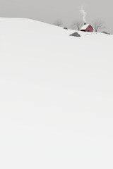 Minimalist snowscape with lonely country house and leafless trees on the hill covered by white snow have dusk sky behind graphic illustration vertical template have blank space.