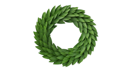 A green laurel wreath made of leaves isolated on a black background in a circular shape design