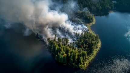 Aerial view of a forest fire on an island in a lake with smoke billowing out  