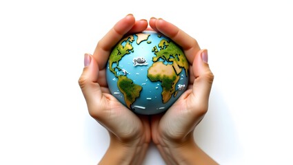 Hands gently holding a miniature earth globe