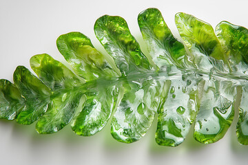 Close-up of dewy fern leaves on a white background