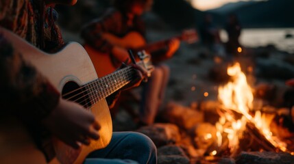 Friends playing guitar around a bonfire on the beach at dusk