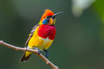 Obraz premium Beautiful Sunbird Perched on a Tree Branch, Showcasing Its Vibrant Plumage and Delicate Features in a Lush Natural Setting, Vibrant Wallpaper