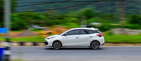 Motion blur in the background emphasizes the car's high speed.