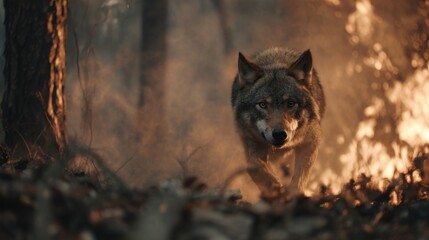 Wolf running through a smoky forest during a wildfire  