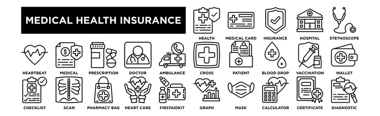  Medical Health Insurance icon collection set. Healthpolicy, Medicalcard, Insuranceshield, Hospitalbuildinge, Stethoscopeicon