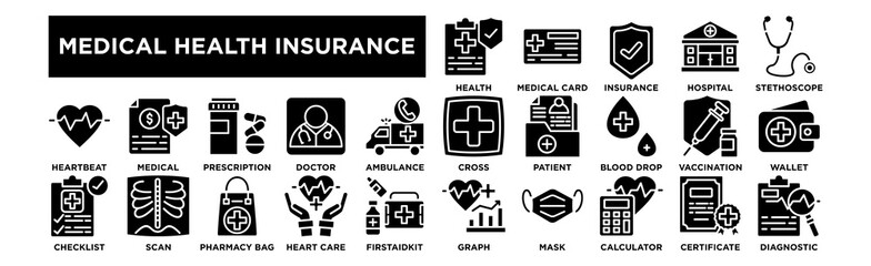  Medical Health Insurance icon collection set. Healthpolicy, Medicalcard, Insuranceshield, Hospitalbuildinge, Stethoscopeicon