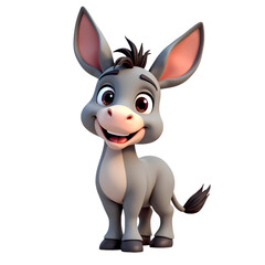 A cheerful cartoon donkey standing upright with a big smile and large ears against a black background