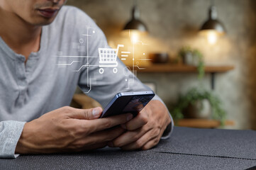 Man Shopping Online with Smartphone and Digital Cart Graphic Design