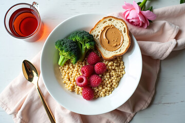 Flat lay of energizing follicular phase breakfast with millet porridge, almond butter toast, steamed broccoli, raspberry tea, flowers, moon decor, clean space for wellness overlay