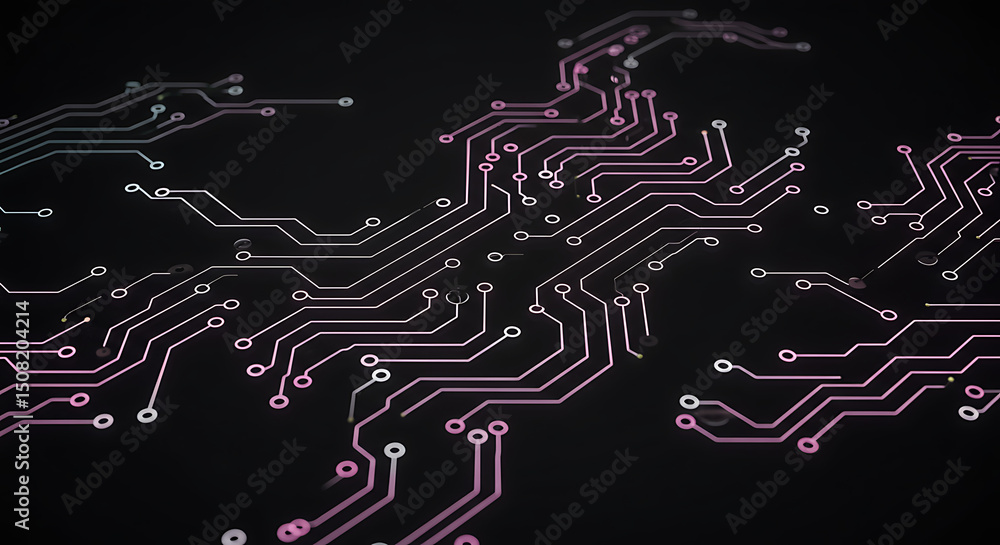 Poster abstract circuit board pattern pink and white glowing lines on dark background technology design
