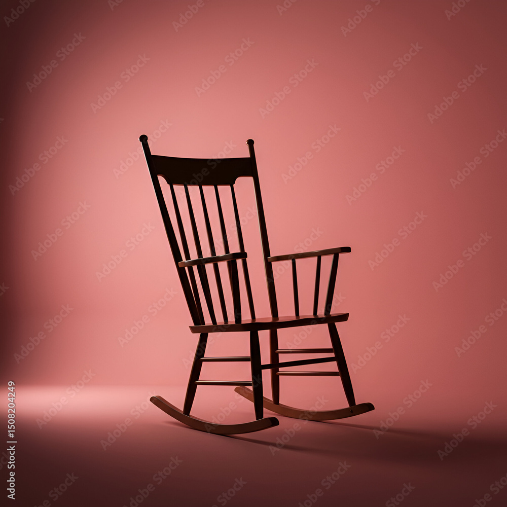 Poster wooden rocking chair in a minimalist setting. object in a static pose against a plain rose backgroun