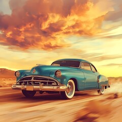 A vintage teal automobile on a desert road at sunset.