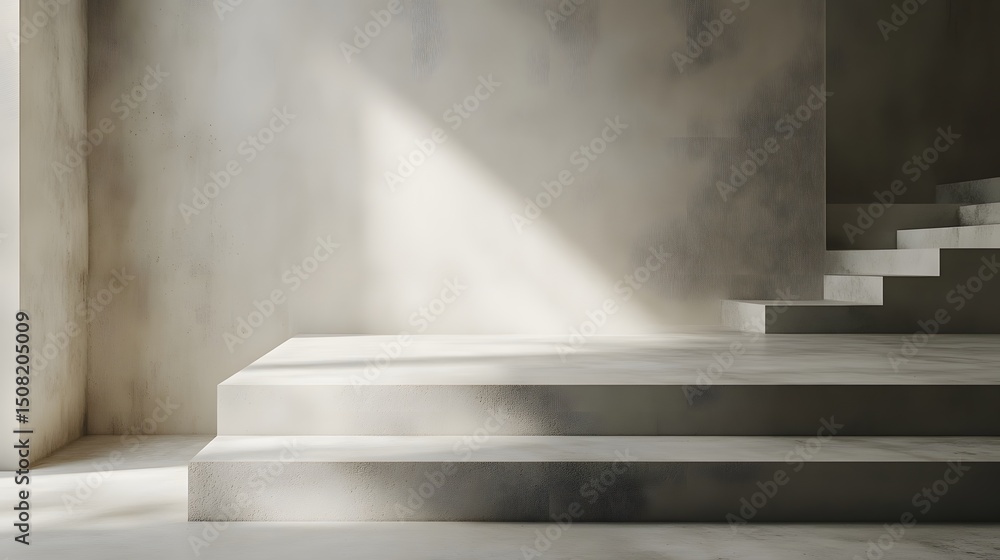 Poster a minimalist display platform with steps against a textured wall.