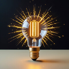 Glowing light bulb on black background, symbolizing a bright idea or innovation