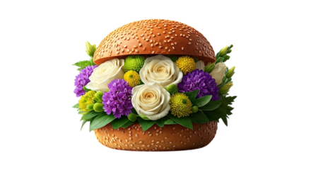 A whimsical burger made of flowers with sesame seed bun on a black background art concept