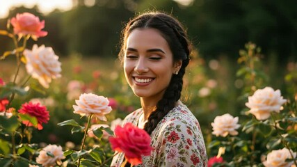 Young woman smiling while standing among colorful roses in a garden - Powered by Adobe