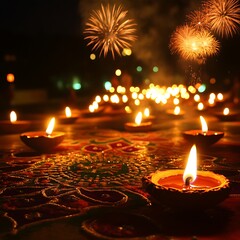 Diwali celebration with warm lights and fireworks.
