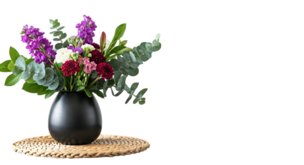 A bouquet of colorful flowers in a black vase sitting on a woven mat against a black background