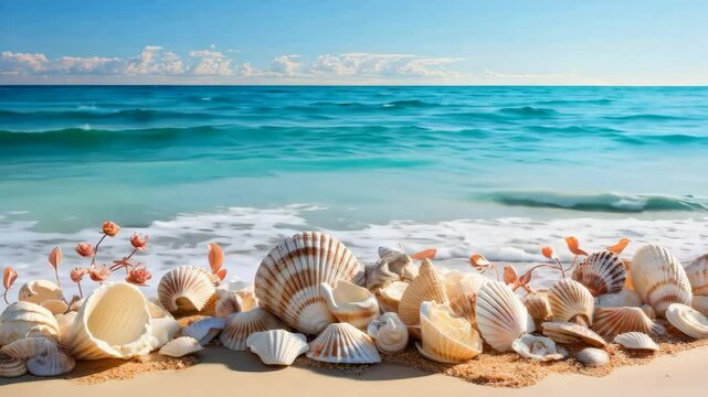 many sea shells, starfish and waves on the beach