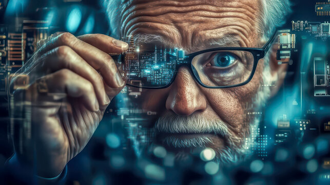 Senior Caucasian man with glasses examines digital data on a futuristic interface. He has gray hair and a beard, showcasing advanced technology concepts.